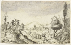 Heuvelachtig landschap met jager en ruïne by Unknown Artist