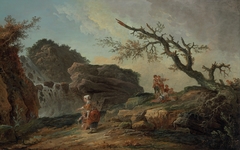 La Cascade : a Rocky Hillside with a Peasant Woman and Child near a Waterfall and Boys Resting by a Blasted Tree by Hubert Robert