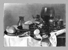 Laid table with rummer, beer glass and pie by Pieter Claesz