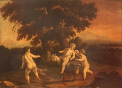 Landscape with Three Naked Boys, one riding a goat by Abraham Begeyn