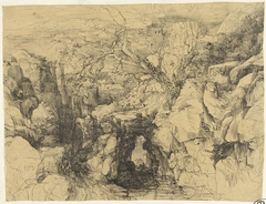 Landschap met rotsen en stenen brug over bergstroom by Rodolphe Bresdin