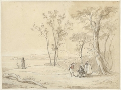 Landschap met tekenaar, geestelijke en andere figuren by Abraham Teerlink