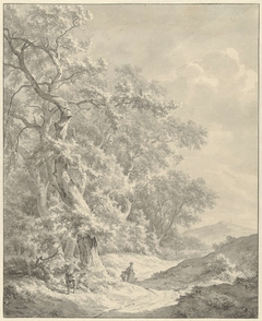 Landschap met wandelaars op pad langs bos by Franciscus Andreas Milatz