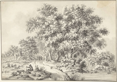 Landschap met zittende man met hond en wandelaars op landweg by Unknown Artist