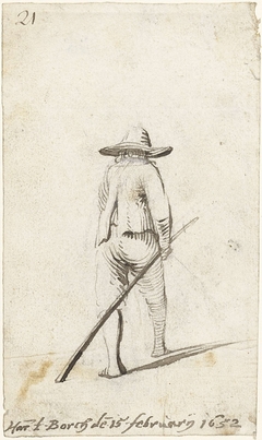 Lopende man met lange stok in zijn hand, van achteren by Harmen ter Borch