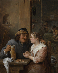 Man with a beer jug and a young woman in a tavern by David Teniers the Younger