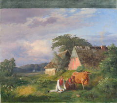 Milking scene. Illustrating a poem by Christian Winther by Johan Lundbye