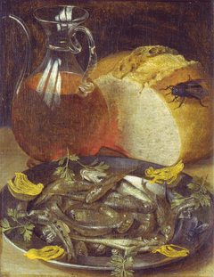 Nature morte au flacon de vin et aux petits poissons by Georg Flegel