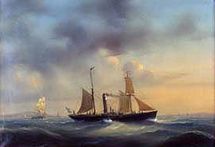 Paddle steamer Svithiod at sea, with all sails except foresail. Union flagg in the rear. by Per Wilhelm Cedergren