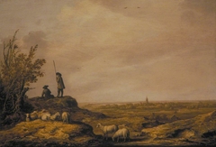 Panoramic Landscape with Shepherds, Sheep and a Town in the Distance (possibly Beverwijk, Holland) by Aelbert Cuyp