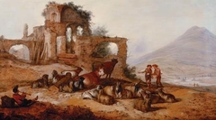 Peasants with livestock by classical ruins in an extensive landscape, with a youth playing a pipe in the foreground by Jacobus Mancadan