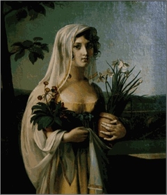 Portrait of a young lady with two vases of flowers by Marie-Guillemine Benoist