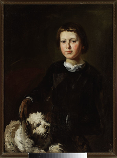 Portrait of artist’s won with a dog by Piotr Michałowski