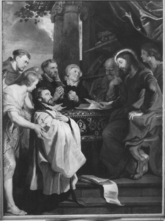 Rechenschaft der Vertreter der weltlichen und geistigen Stände vor Christus, Petrus und Johannes (Epitaph des Franciscus Movins) by Abraham van Diepenbeeck