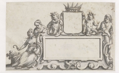 Rechthoekige cartouche met een wapenschild en vijf figuren by Pieter Jansz