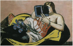 Reclining woman with book and irises by Max Beckmann