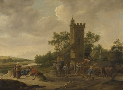 River landscape with figures and a wagon near a tower by Jan Steen