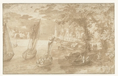 Rivierlandschap met rechts een aanlegplaats by Jan Brueghel I