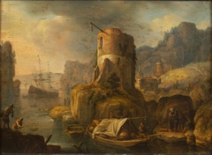 Rivierlandschap met ronde toren by Herman Saftleven