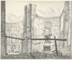 Ruïne van de op 18 september 1822 verbrande Nieuwe Luthersche Kerk te Amsterdam, van binnen naar de Singel by Gerrit Lamberts