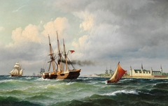 Seascape off Kronborg with numerous ships and a pilot boat by Carl Bille