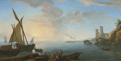 Southern Mediterranean Seascape with Boats and Figures at Sunset by Adrien Manglard