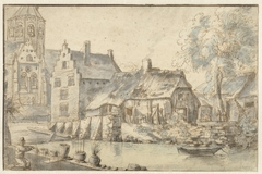 Stadsgezicht met een grote kerk by Unknown Artist