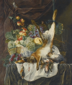 Still life of a hare, game and songbirds before a still life of fruit in a basket on a ledge by Jan Fyt