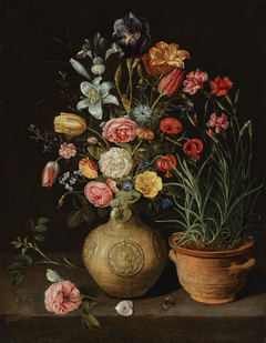 Still life of flowers in a stoneware vase, with a pot with carnations by Clara Peeters