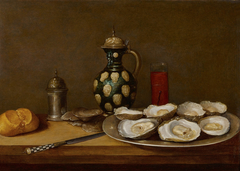 Still life with a plate of oysters, bread, a knife, drinking vessels and a caster by Alexander Adriaenssen