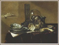 Still life with a roemer, a beer glass, a silver tazza on its side, a salt cellar and porcelain by Jan Treck