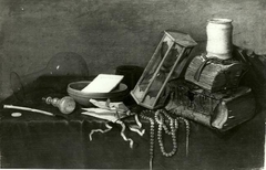 Still life with beads, books, hourglass, letters and bottle by Gerrit van Vucht