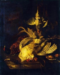 Stillleben mit weißem Hahn by Jan Weenix