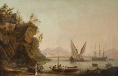 The Beach at Posillipo, Naples, with Figures (said to be Horatio, Lord Nelson and Lady Hamilton) walking along the Shore by John Thomas Serres