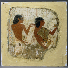 Tomb painting depicting two priests, one holding a papyrus roll and the other a vase for libations (... by Anonymous