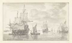 Two Becalmed War Frigates and Other Vessels by Simon de Vlieger