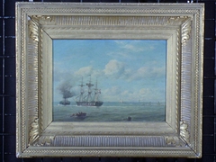 Uitvarend fregatschip met radersleepboot by Petrus Paulus Schiedges