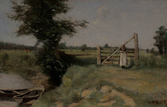 Une barrière dans les prés au bord d'un canal. Environs d'Abbeville by Jean-Baptiste-Camille Corot