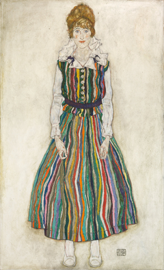 Portrait Of Edith Schiele In A Striped Dress by Egon Schiele