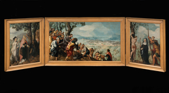 Triptych with The Entry of Christ into Jerusalem, saints and on the outside of the wings, patrons of the Van Lokhorst family by Jan van Scorel