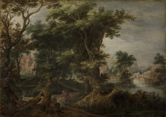 Waldlandschaft mit rastenden Bauern by Gijsbert d'Hondecoeter