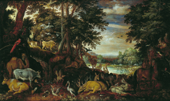 Wooded landscape with animals by Roelant Savery