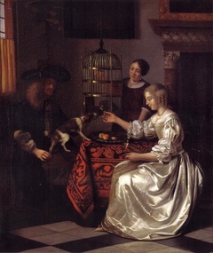 Young woman feeding a parrot, with a man and a serving woman by Pieter de Hooch