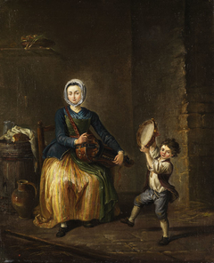 Young woman with a hurdy gurdy and a child with tambourine by Anonymous