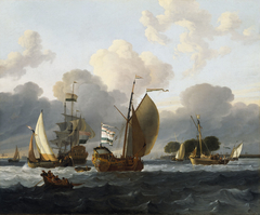 A Dutch Yacht before the Wind in a Harbour by Ludolf Bakhuizen