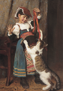 A little girl in peasant dress, playing with a cat. by Peder Severin Krøyer