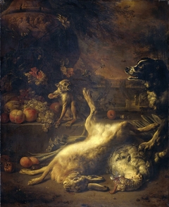 A Monkey and a Dog with Dead Game and Fruit by Jan Weenix