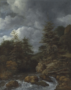 A river landscape with fir trees by a cascade by Jacob van Ruisdael