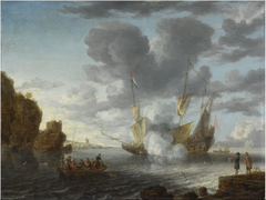 A Seaport with a Vessel Firing a Salute by Lieve Verschuier