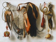 A Trompe l'Oeil of Hawking Equipment, including a Glove, a Net and Falconry Hoods, hanging on a Wall by Christoffel Pierson